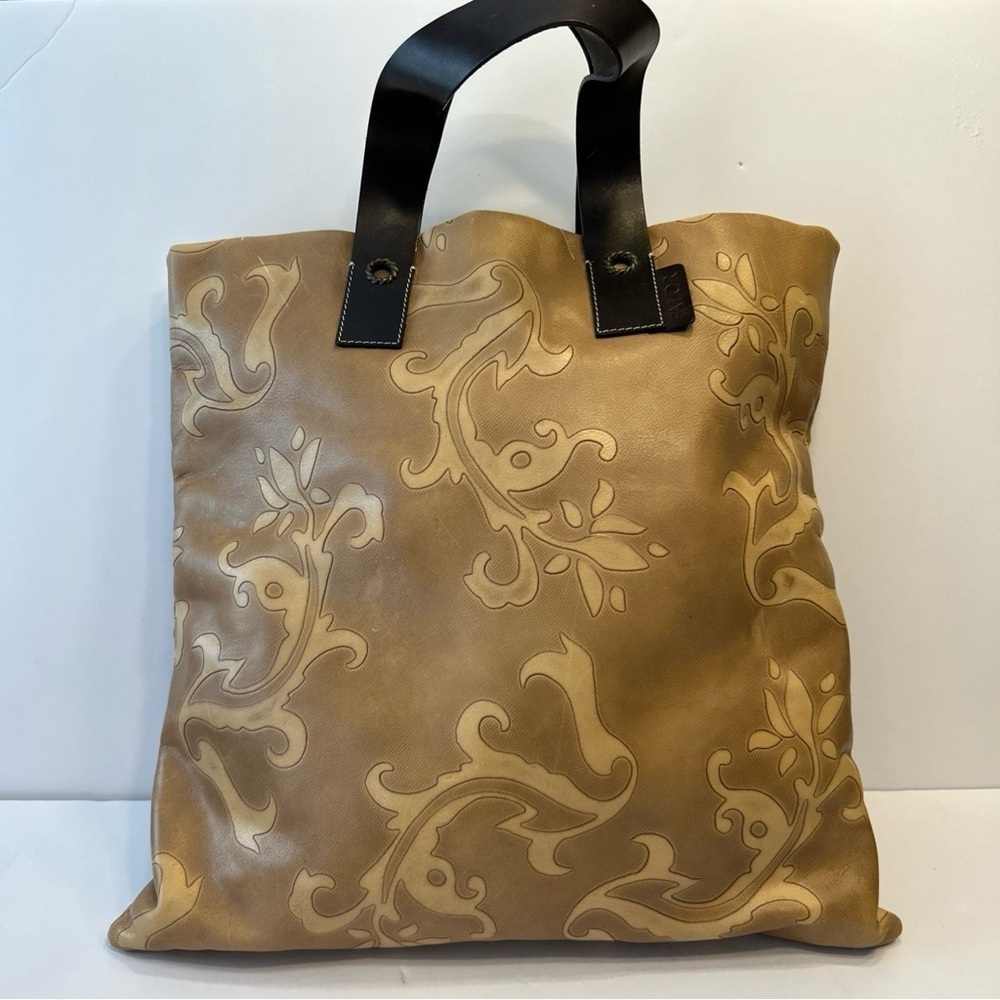 FALOR Italy Tote Bag, Tan Brown Leather Embossed Paisley Large Bag, 16" x 16"